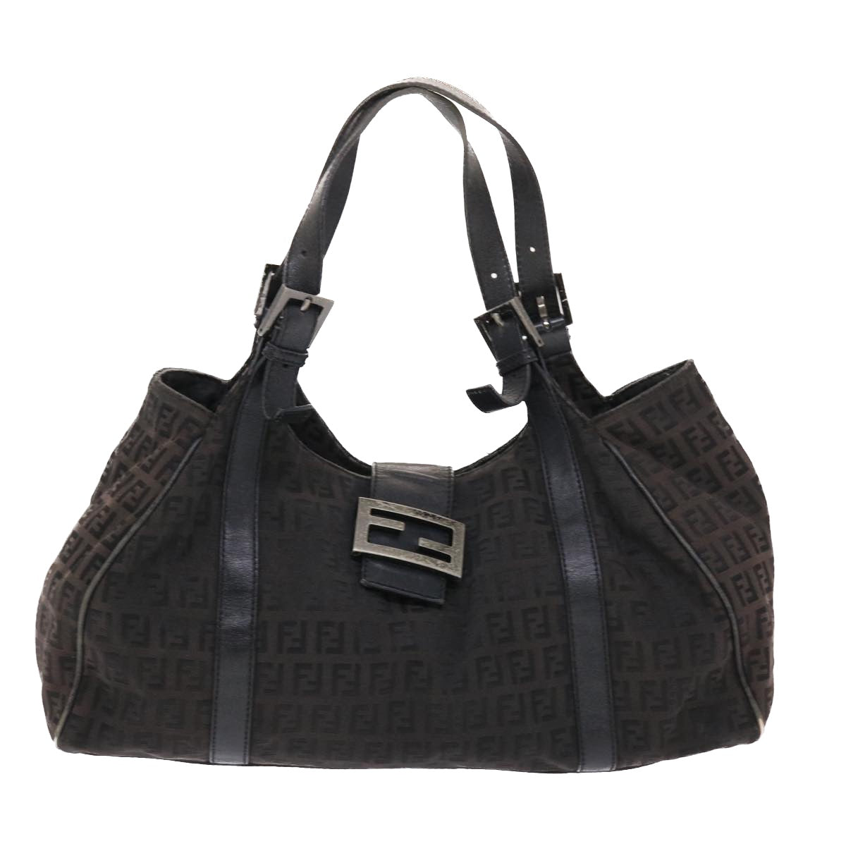 FENDI Zucchino Canvas Mamma Baguette Shoulder Bag Nylon Black Auth 50423