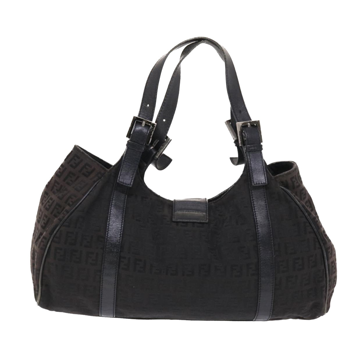 FENDI Zucchino Canvas Mamma Baguette Shoulder Bag Nylon Black Auth 50423