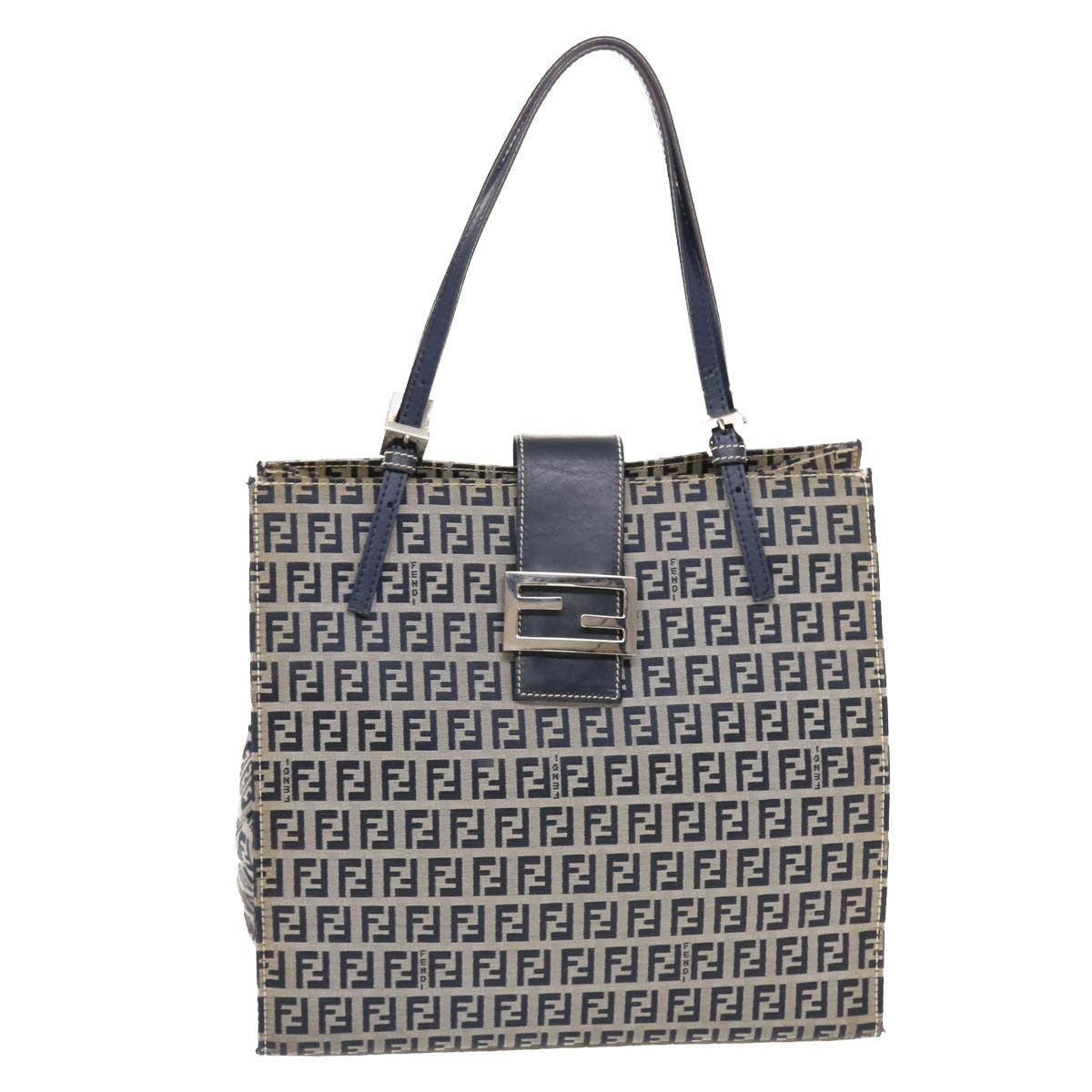 FENDI Zucchino Canvas Mamma Baguette Tote Bag Nylon Navy Auth 50424