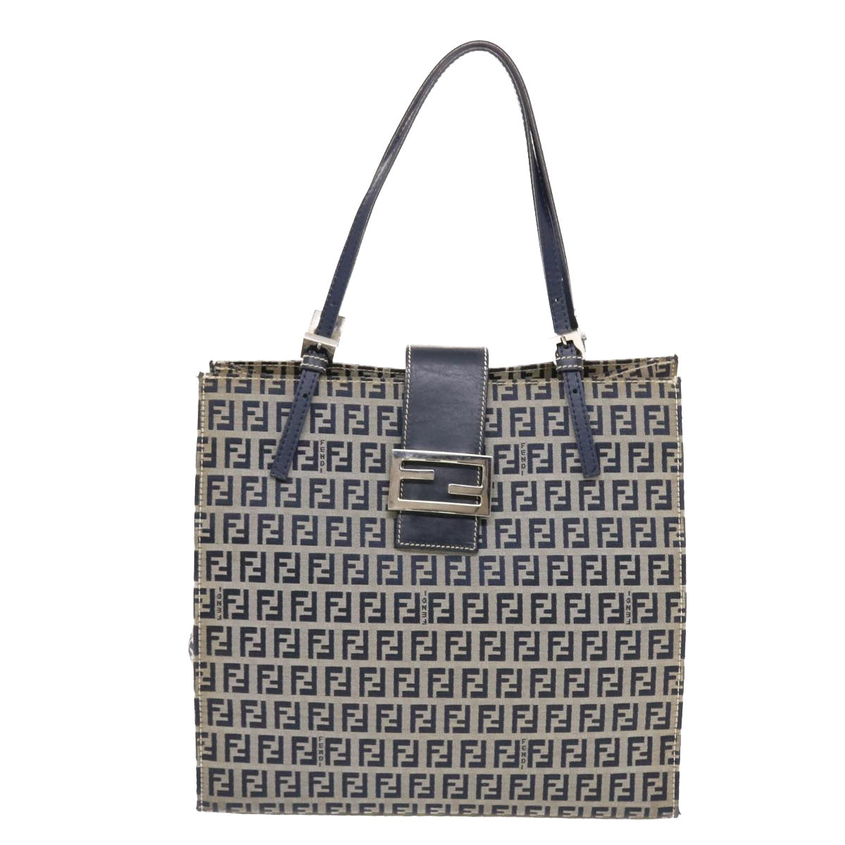 FENDI Zucchino Canvas Mamma Baguette Tote Bag Nylon Navy Auth 50424