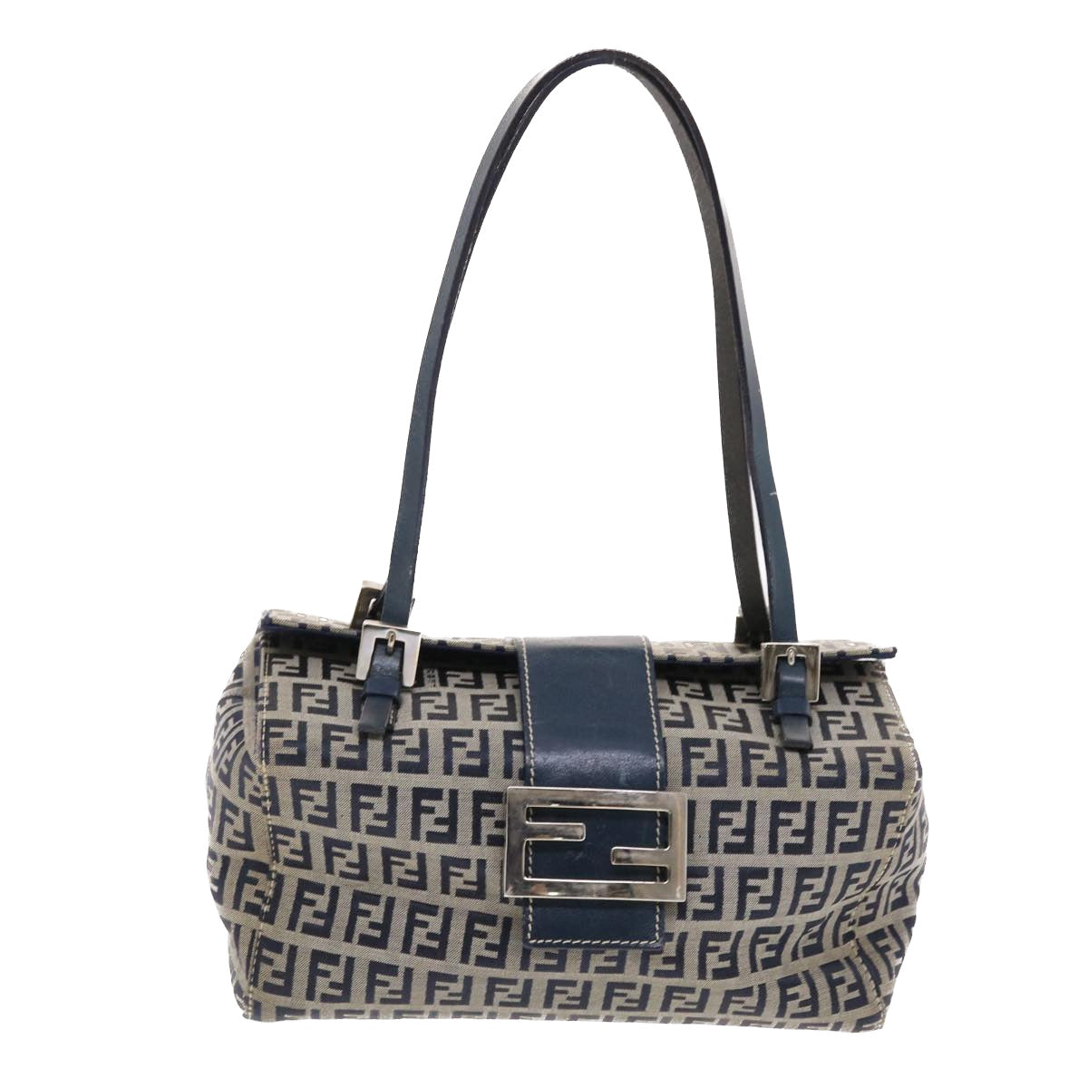 FENDI Zucchino Canvas Mamma Baguette Shoulder Bag Nylon Navy Auth 50426