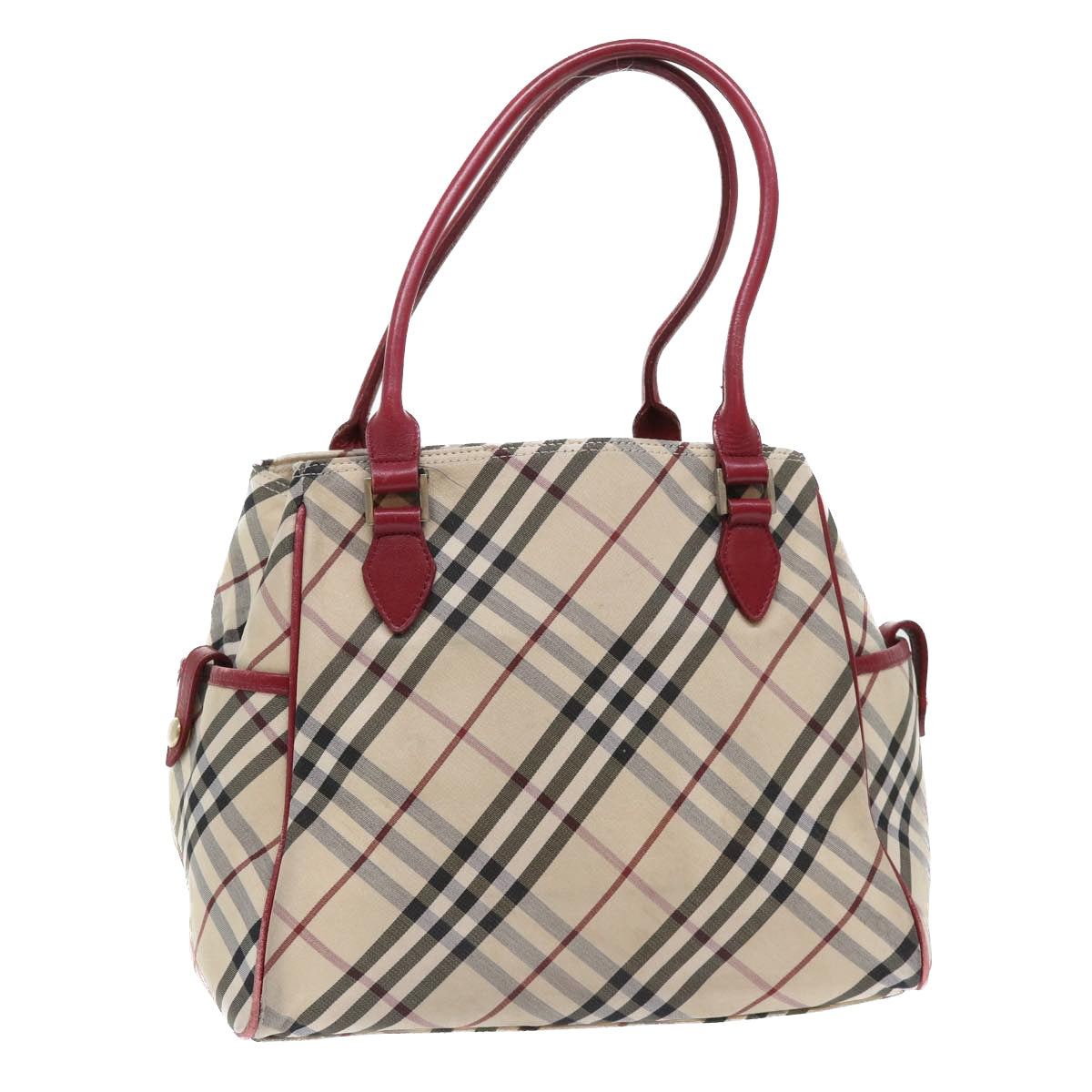 BURBERRY Nova Check Blue Label Hand Bag Nylon Leather Beige Red Auth 50435