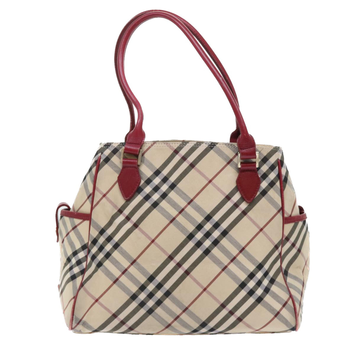 BURBERRY Nova Check Blue Label Hand Bag Nylon Leather Beige Red Auth 50435