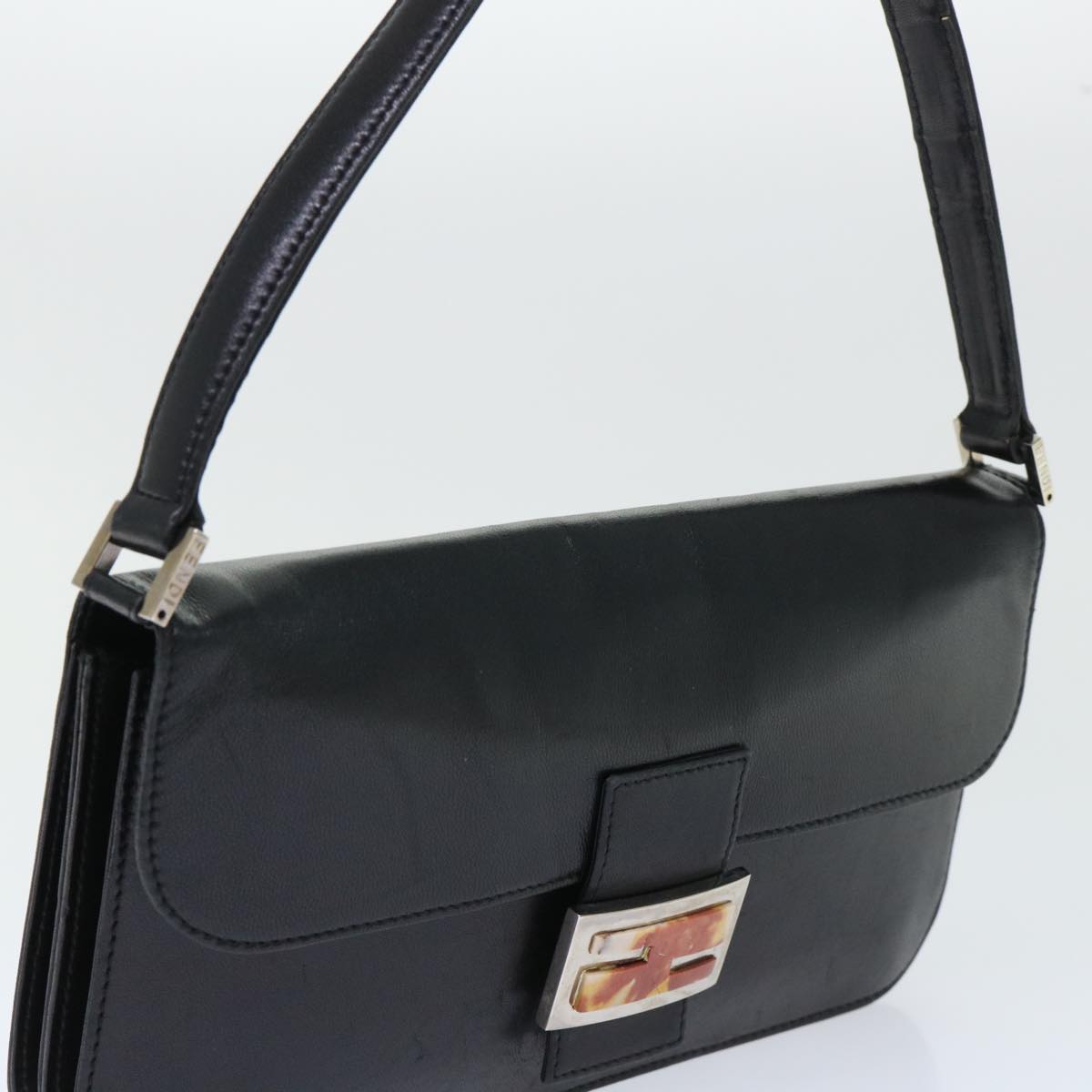 FENDI Mamma Baguette Shoulder Bag Leather Black Auth 50486