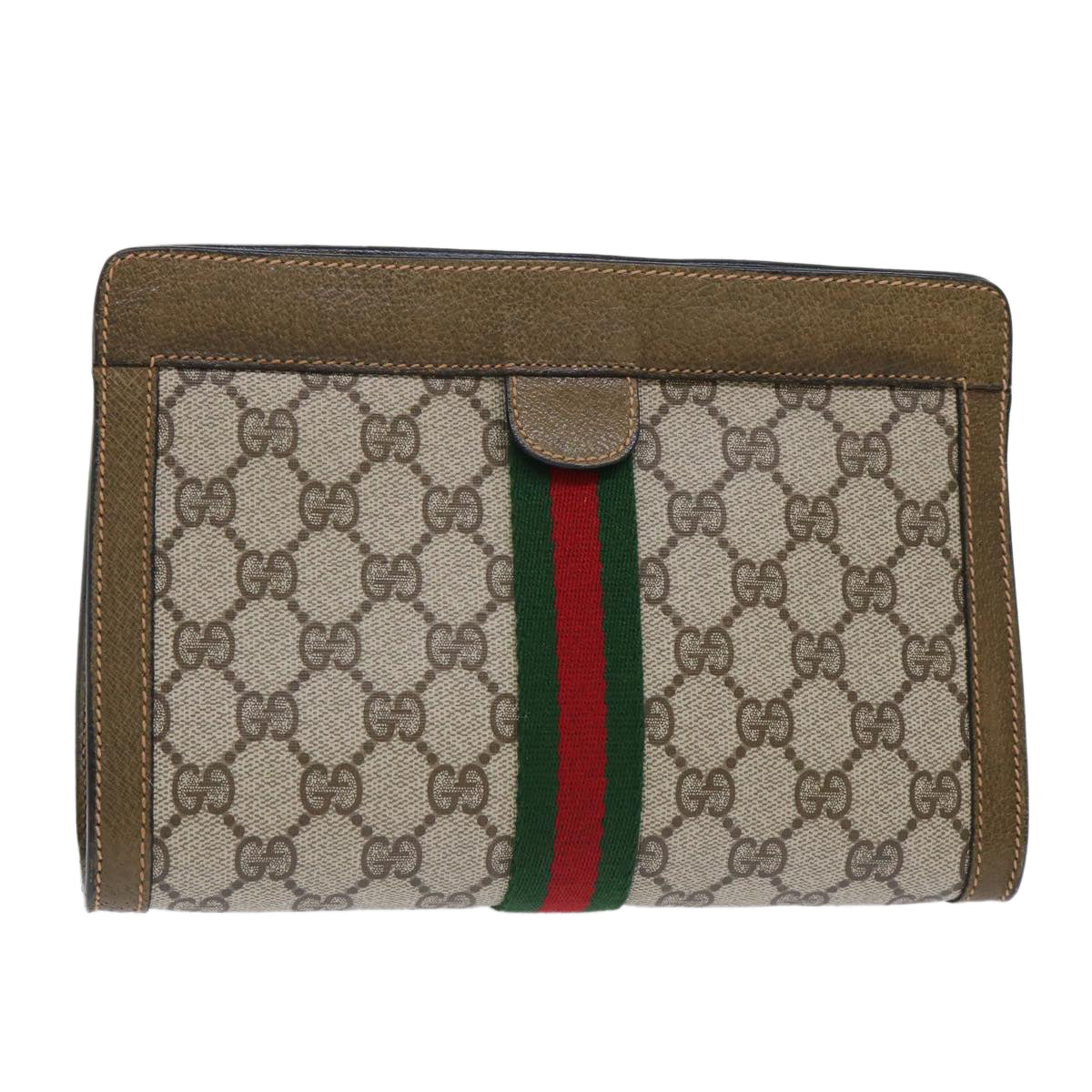 GUCCI GG Canvas Web Sherry Line Clutch Bag PVC Leather Beige Red Auth 50523