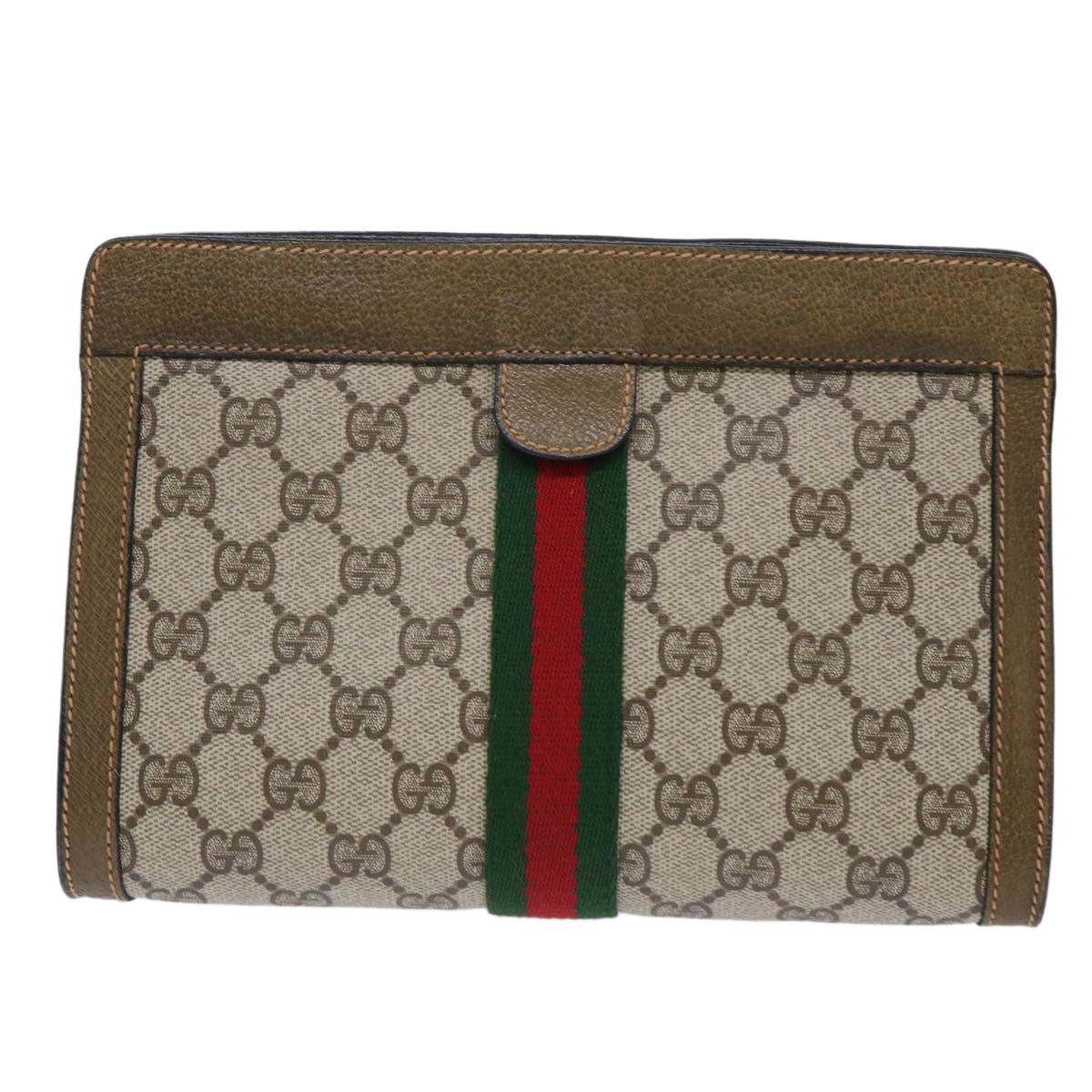 GUCCI GG Canvas Web Sherry Line Clutch Bag PVC Leather Beige Red Auth 50523