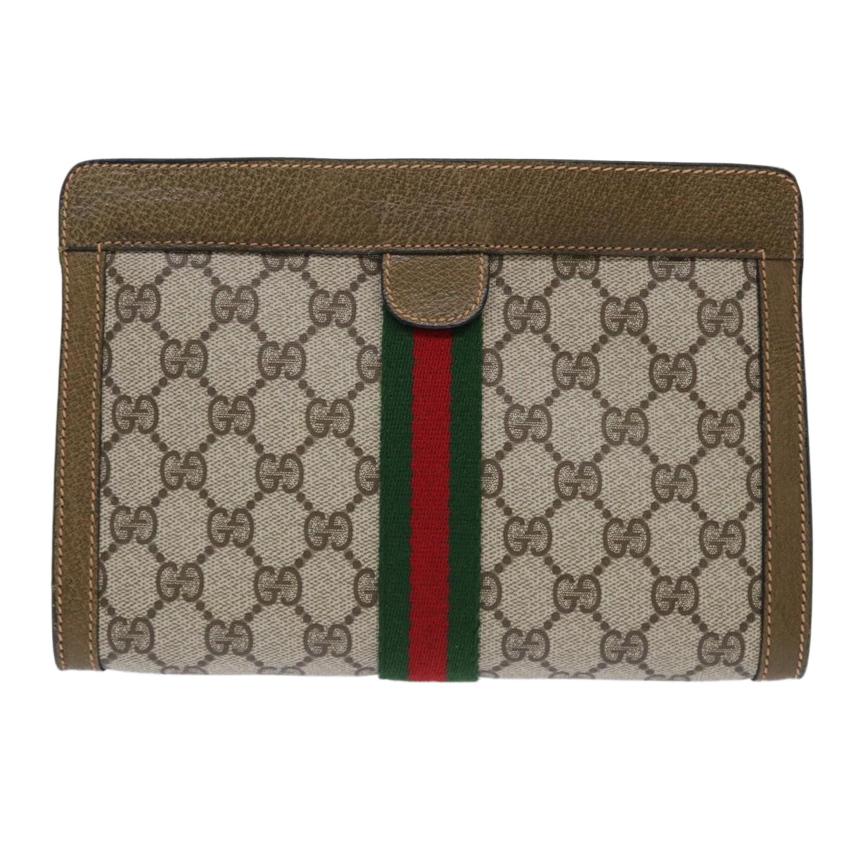 GUCCI GG Canvas Web Sherry Line Clutch Bag PVC Leather Beige Red Auth 50523 - 0