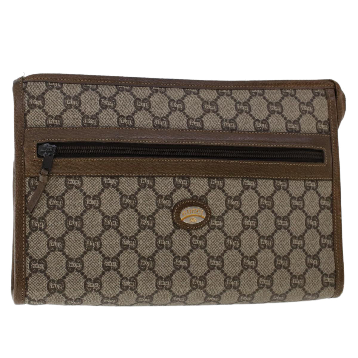 GUCCI PLUS GG Canvas Clutch Bag PVC Leather Beige Auth 50530