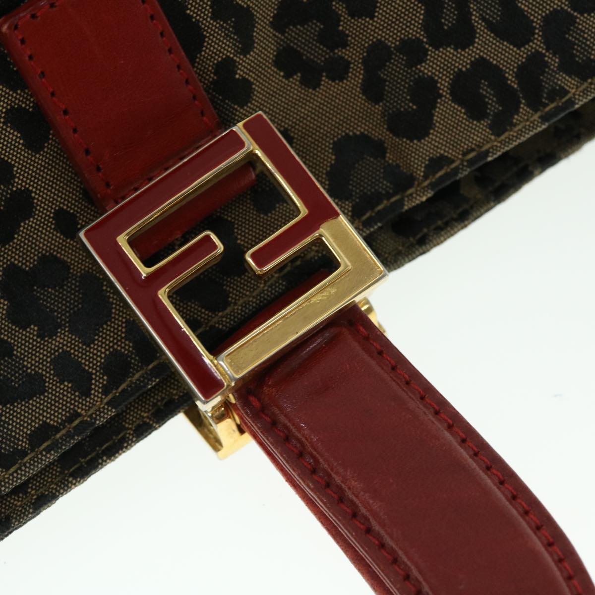 FENDI Leopard Hand Bag Nylon Leather Brown Red Auth 50533