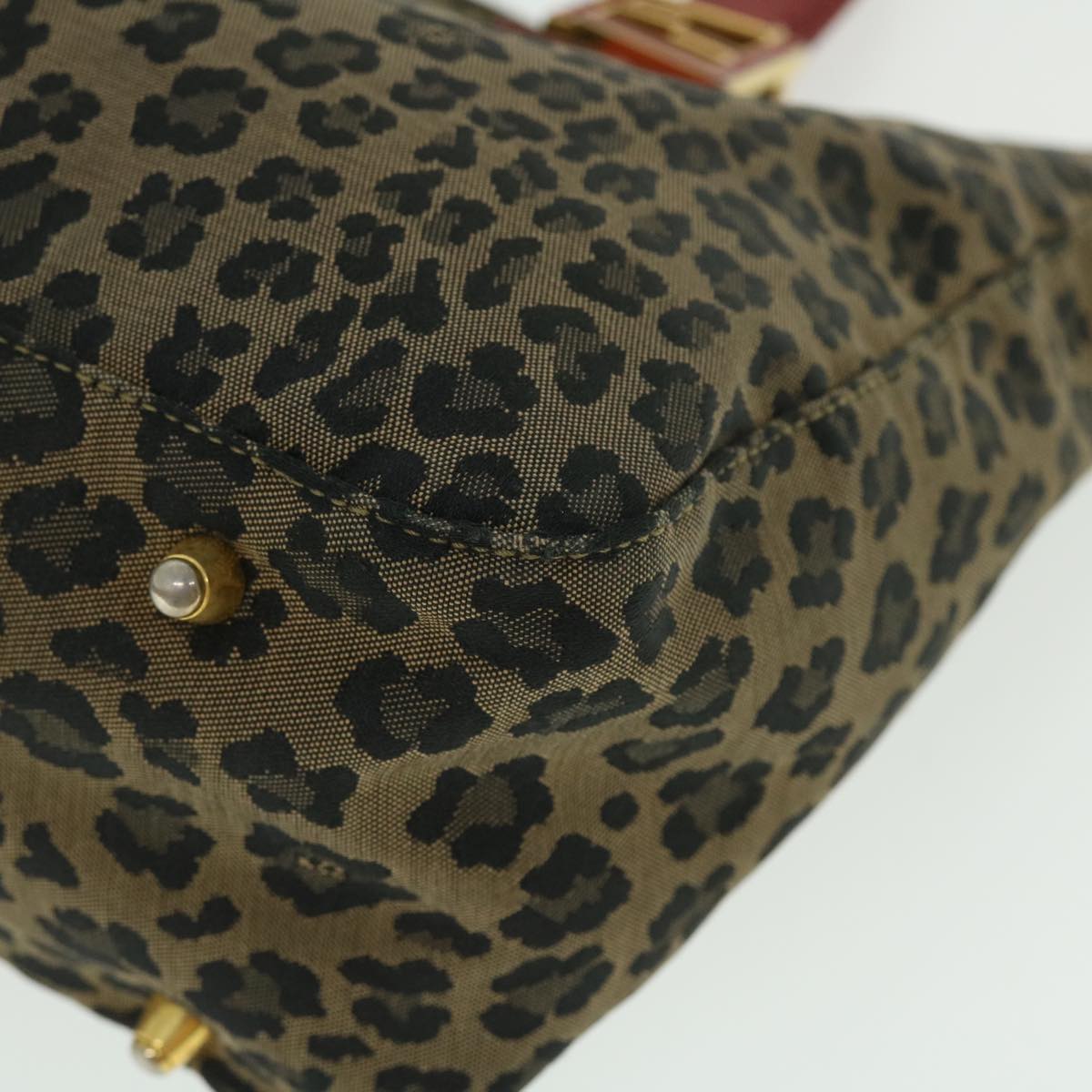 FENDI Leopard Hand Bag Nylon Leather Brown Red Auth 50533