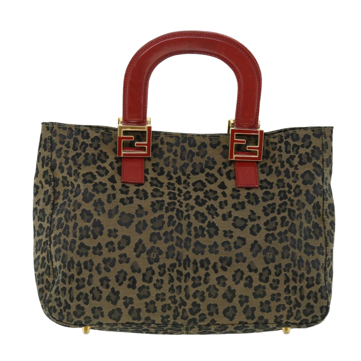 FENDI Leopard Hand Bag Nylon Leather Brown Red Auth 50533