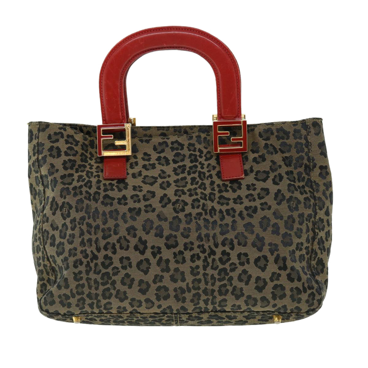 FENDI Leopard Hand Bag Nylon Leather Brown Red Auth 50533