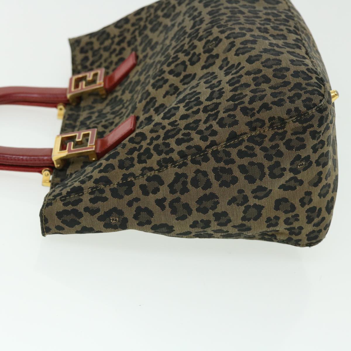 FENDI Leopard Hand Bag Nylon Leather Brown Red Auth 50533