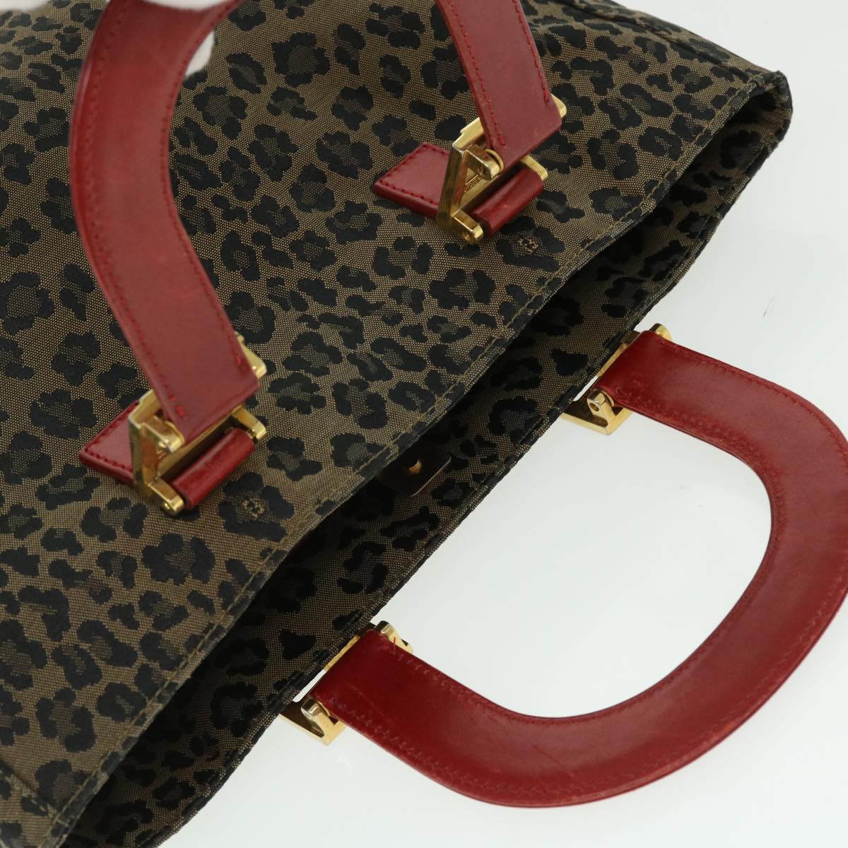 FENDI Leopard Hand Bag Nylon Leather Brown Red Auth 50533