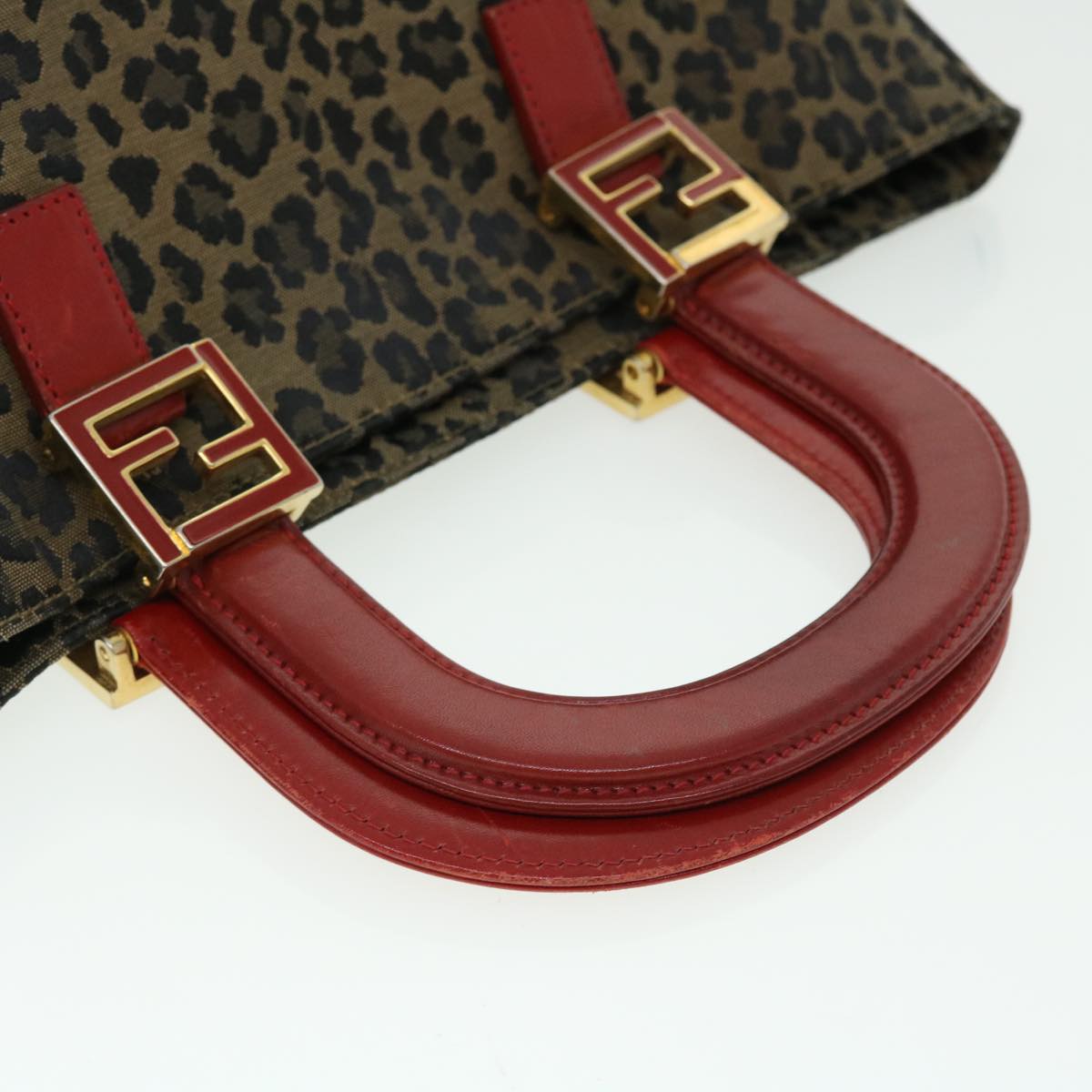 FENDI Leopard Hand Bag Nylon Leather Brown Red Auth 50533