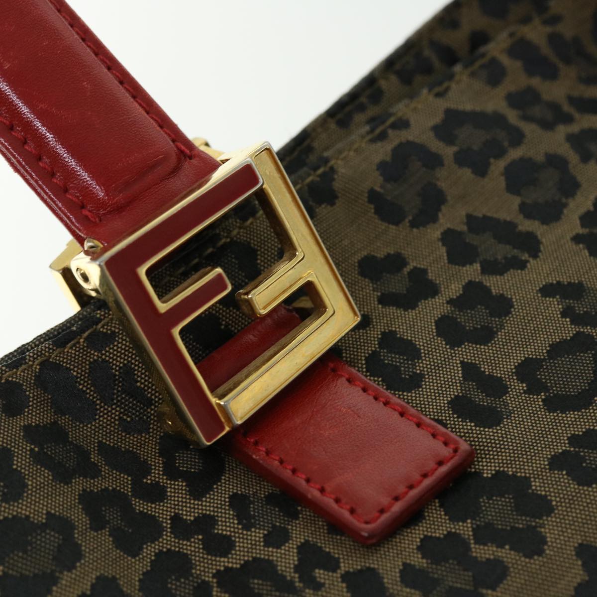 FENDI Leopard Hand Bag Nylon Leather Brown Red Auth 50533