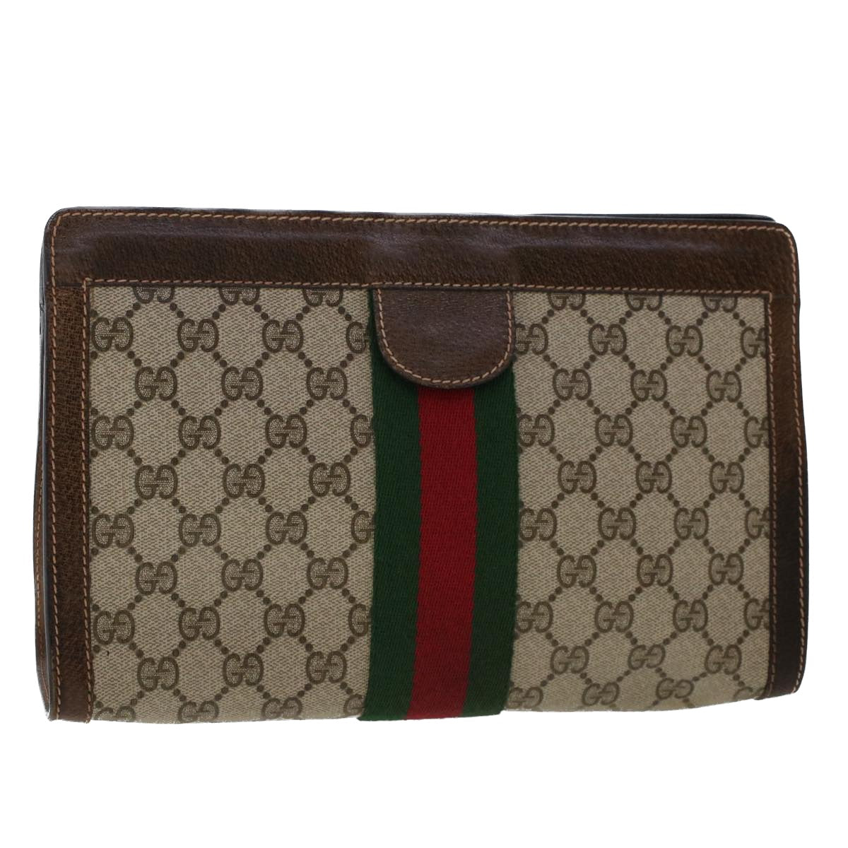 GUCCI GG Canvas Web Sherry Line Clutch Bag PVC Leather Beige Red Auth 50560