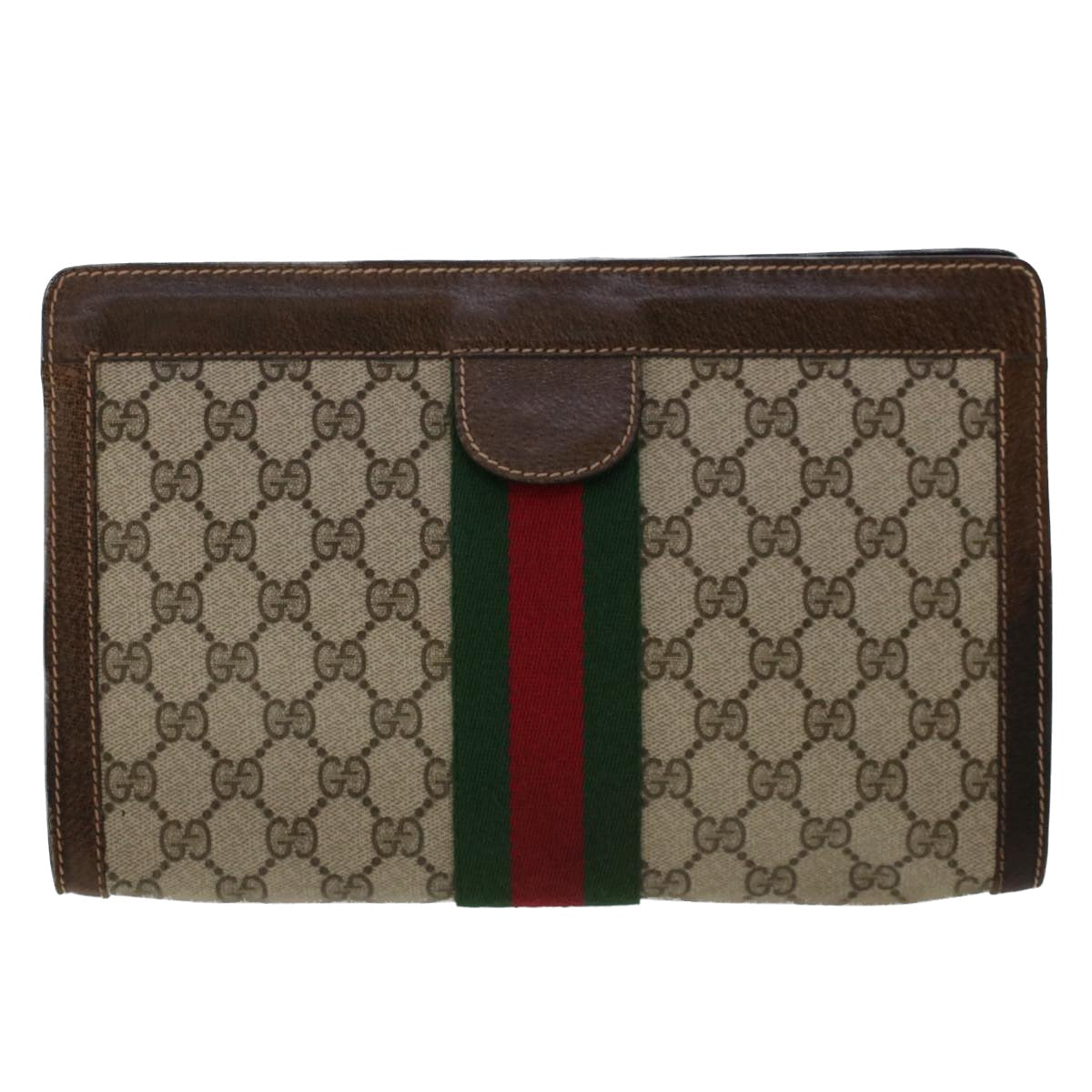 GUCCI GG Canvas Web Sherry Line Clutch Bag PVC Leather Beige Red Auth 50560