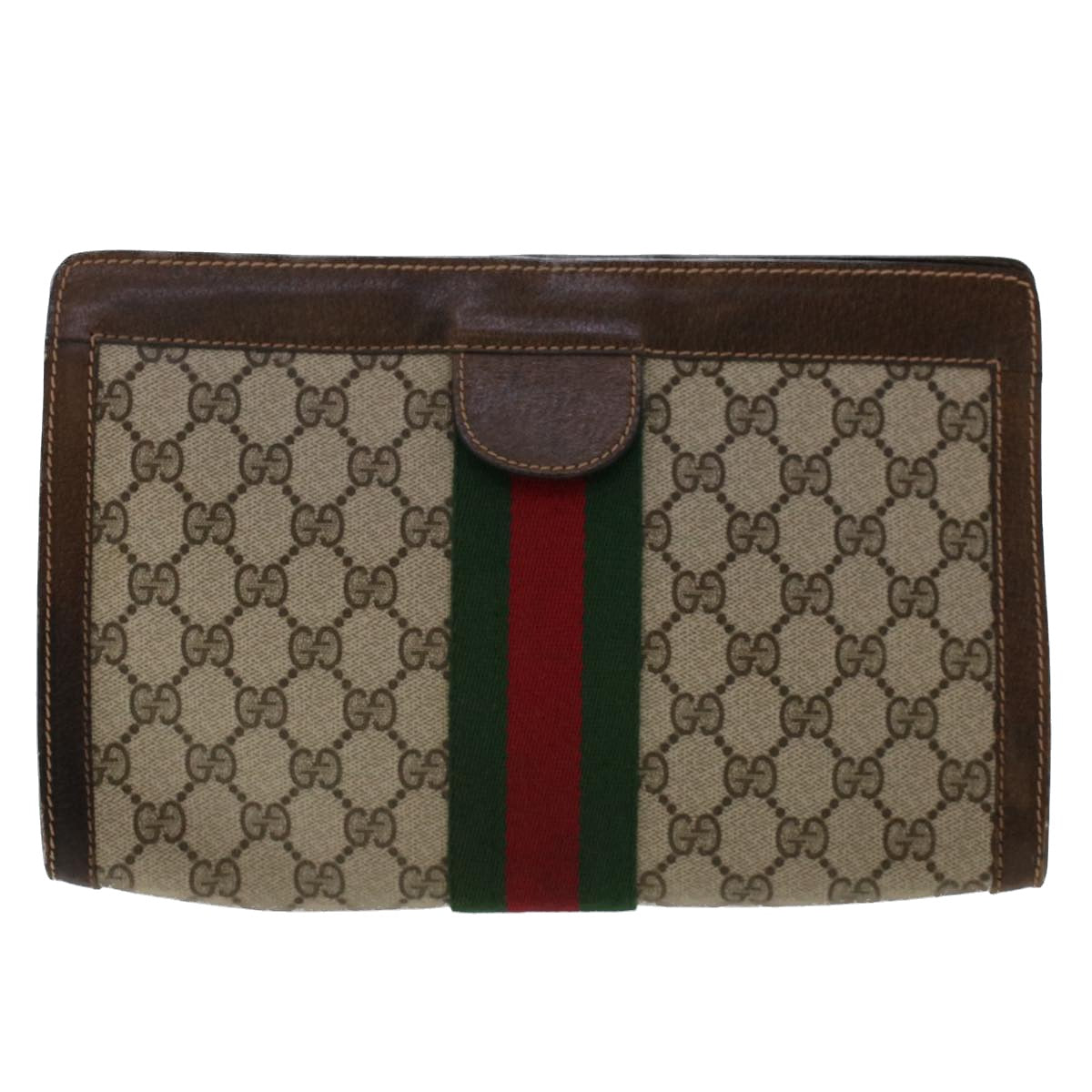 GUCCI GG Canvas Web Sherry Line Clutch Bag PVC Leather Beige Red Auth 50560 - 0