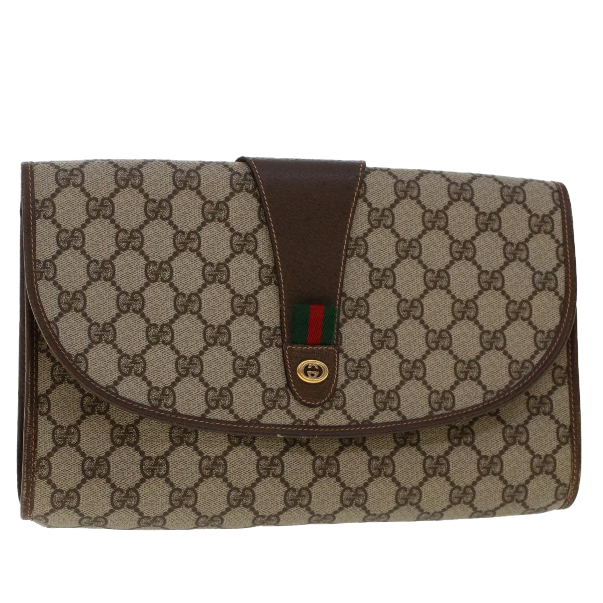 GUCCI GG Canvas Web Sherry Line Clutch Bag PVC Leather Beige Red Auth 50570