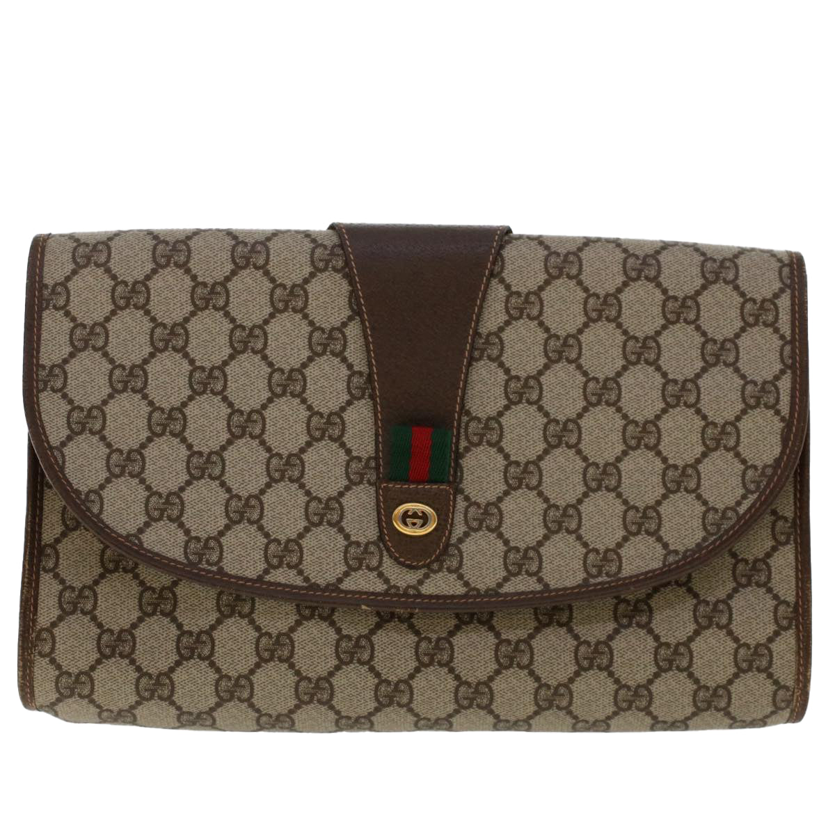 GUCCI GG Canvas Web Sherry Line Clutch Bag PVC Leather Beige Red Auth 50570