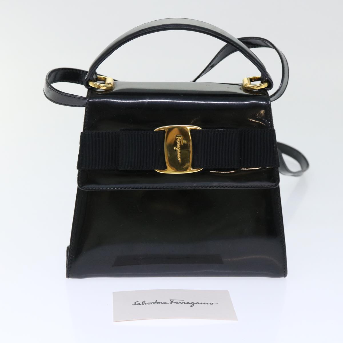 Salvatore Ferragamo Ribbon Hand Bag Patent leather 2way Black Auth 50575