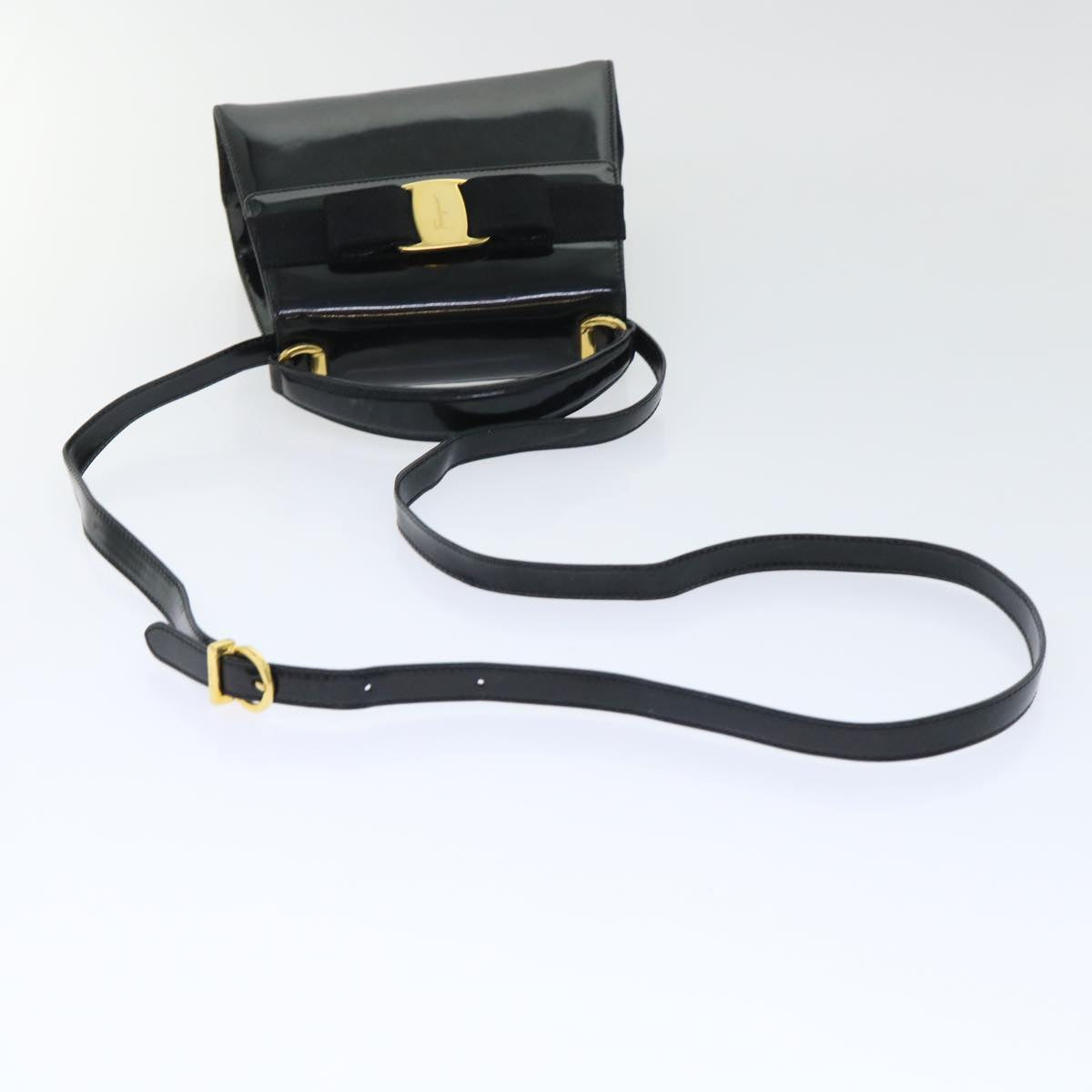 Salvatore Ferragamo Ribbon Hand Bag Patent leather 2way Black Auth 50575