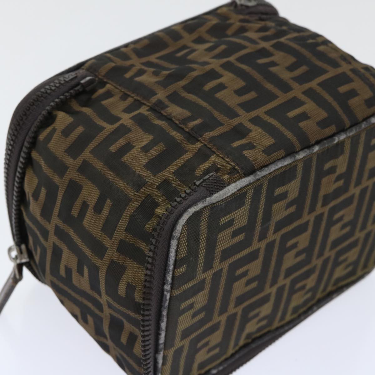 FENDI Zucca Canvas Vanity Cosmetic Pouch Nylon Brown Black Auth 50594