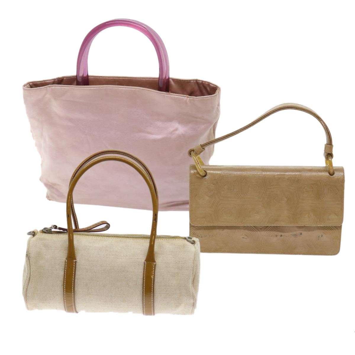 PRADA Hand Bag Leather Nylon Canvas 3Set Pink Beige Brown Auth 50755