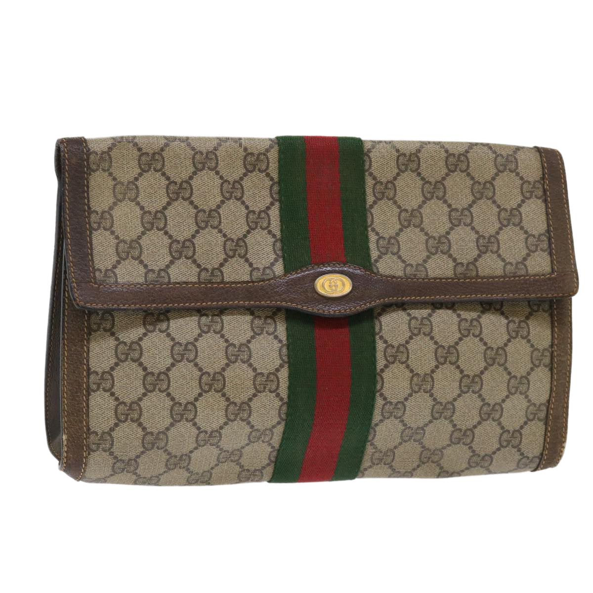 GUCCI GG Canvas Web Sherry Line Clutch Bag PVC Leather Beige Red Auth 50791