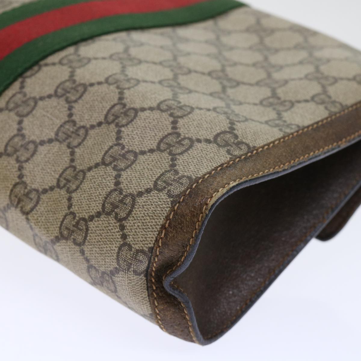 GUCCI GG Canvas Web Sherry Line Clutch Bag PVC Leather Beige Red Auth 50791