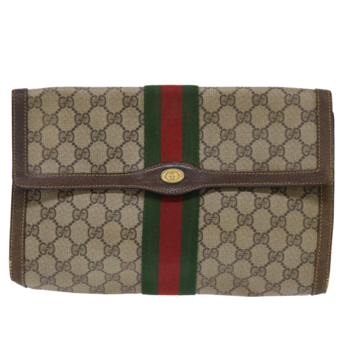 GUCCI GG Canvas Web Sherry Line Clutch Bag PVC Leather Beige Red Auth 50791