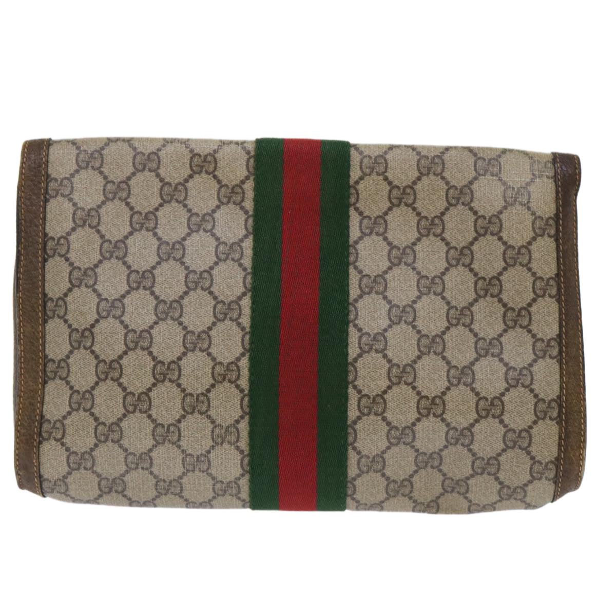 GUCCI GG Canvas Web Sherry Line Clutch Bag PVC Leather Beige Red Auth 50791 - 0