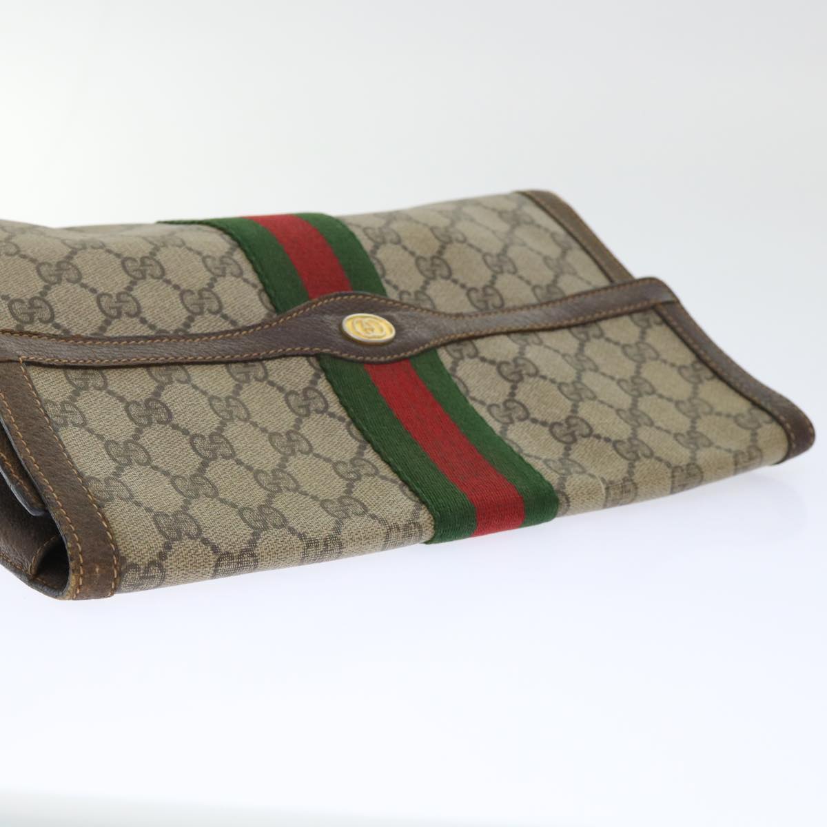 GUCCI GG Canvas Web Sherry Line Clutch Bag PVC Leather Beige Red Auth 50791