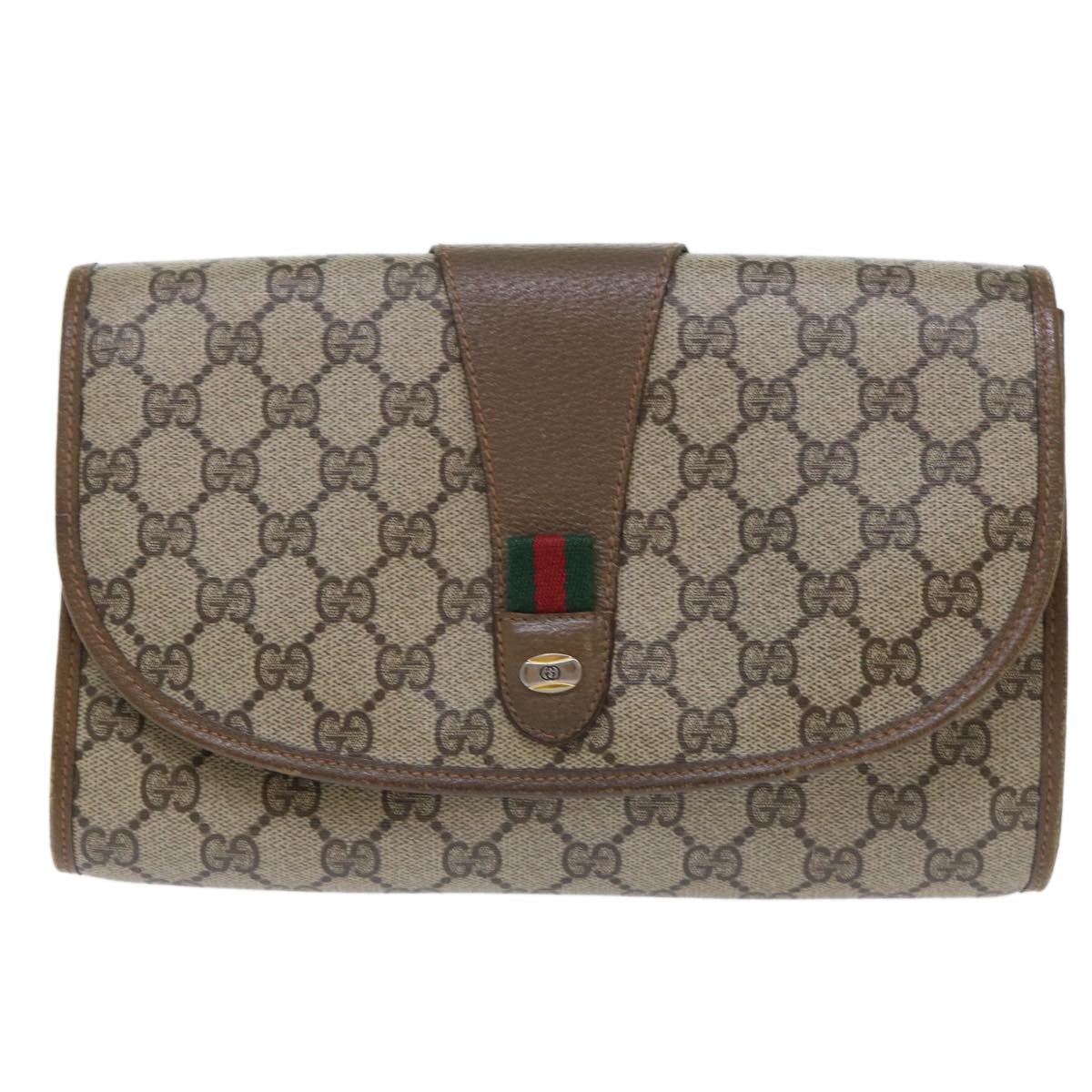 GUCCI GG Canvas Web Sherry Line Clutch Bag PVC Leather Beige Red Auth 50794