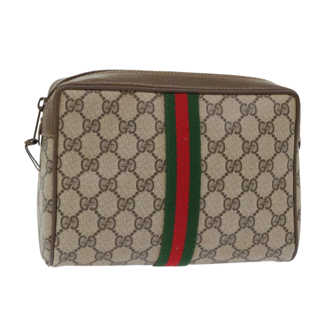 GUCCI GG Canvas Web Sherry Line Clutch Bag PVC Leather Beige Red Auth 50795