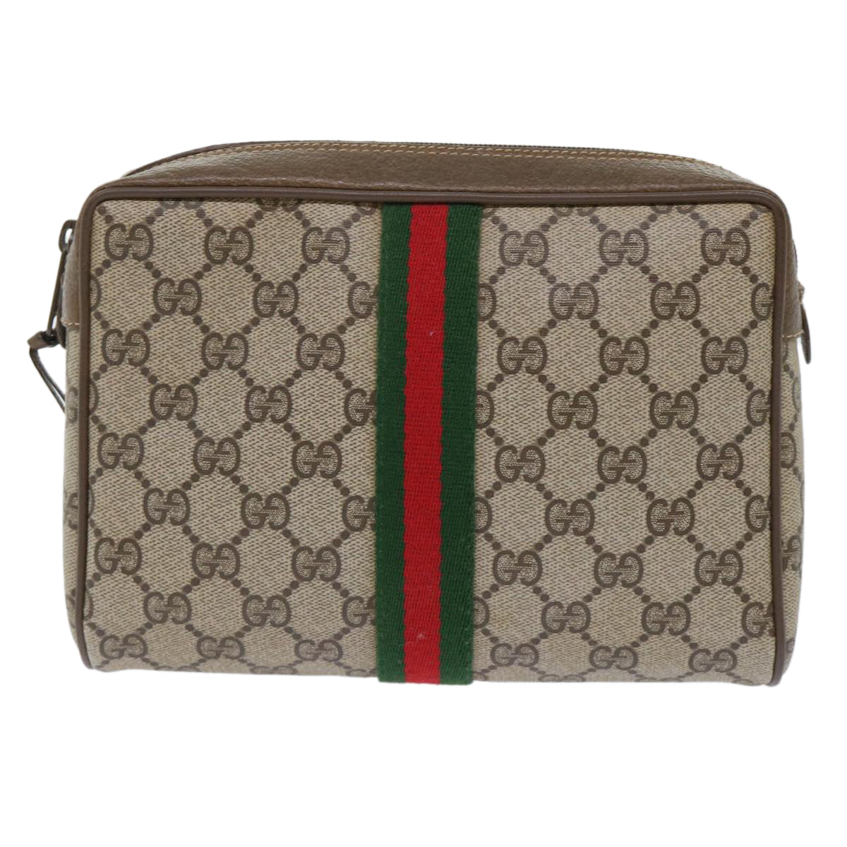 GUCCI GG Canvas Web Sherry Line Clutch Bag PVC Leather Beige Red Auth 50795