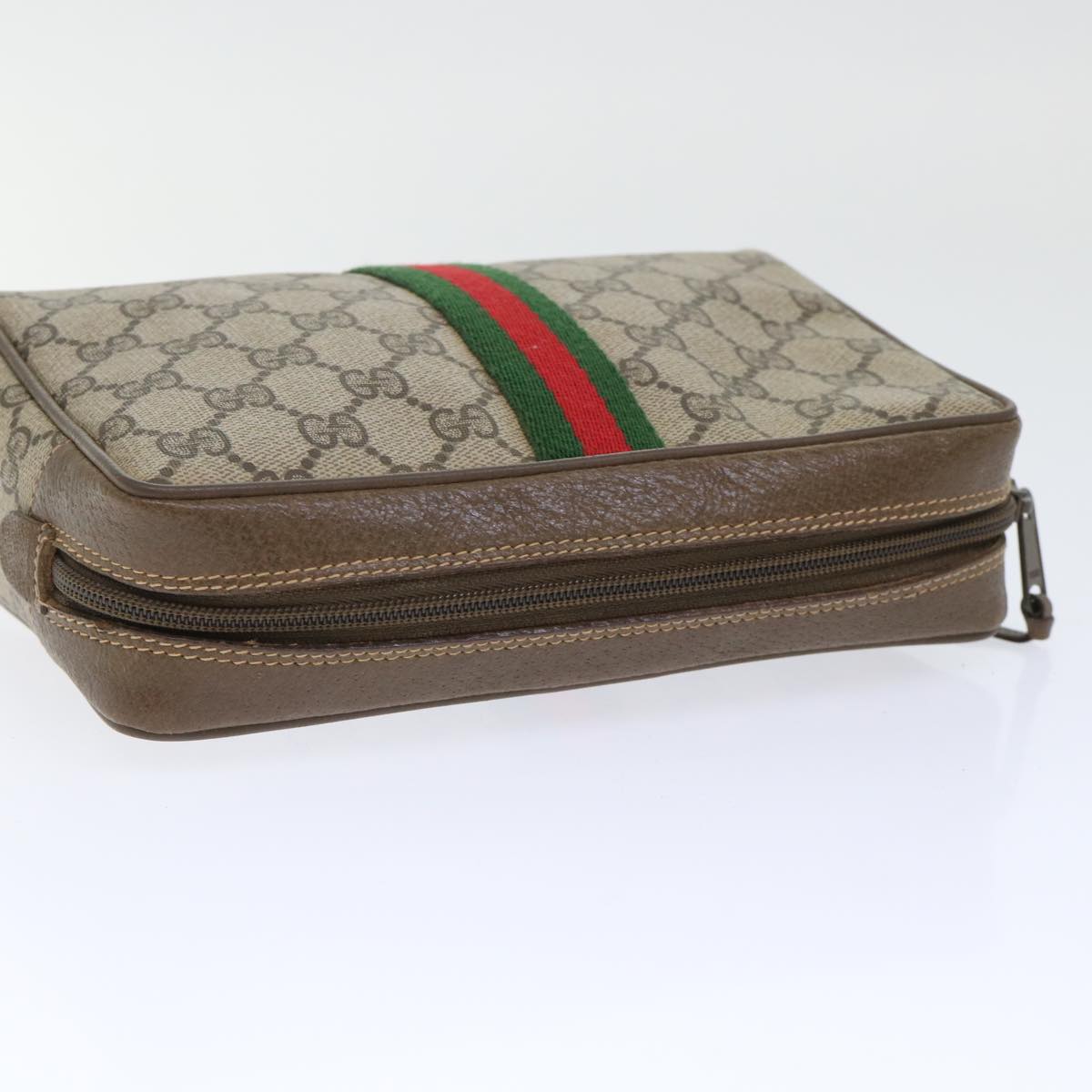 GUCCI GG Canvas Web Sherry Line Clutch Bag PVC Leather Beige Red Auth 50795