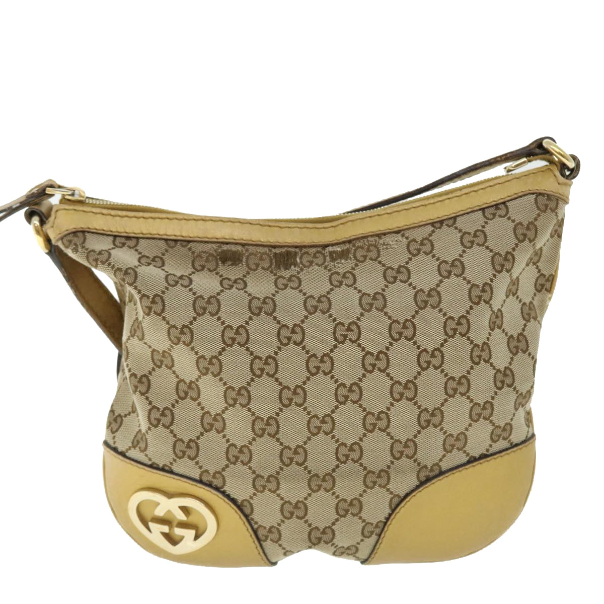 GUCCI GG Canvas Shoulder Bag Leather Beige Gold 257072 498879 Auth 50995