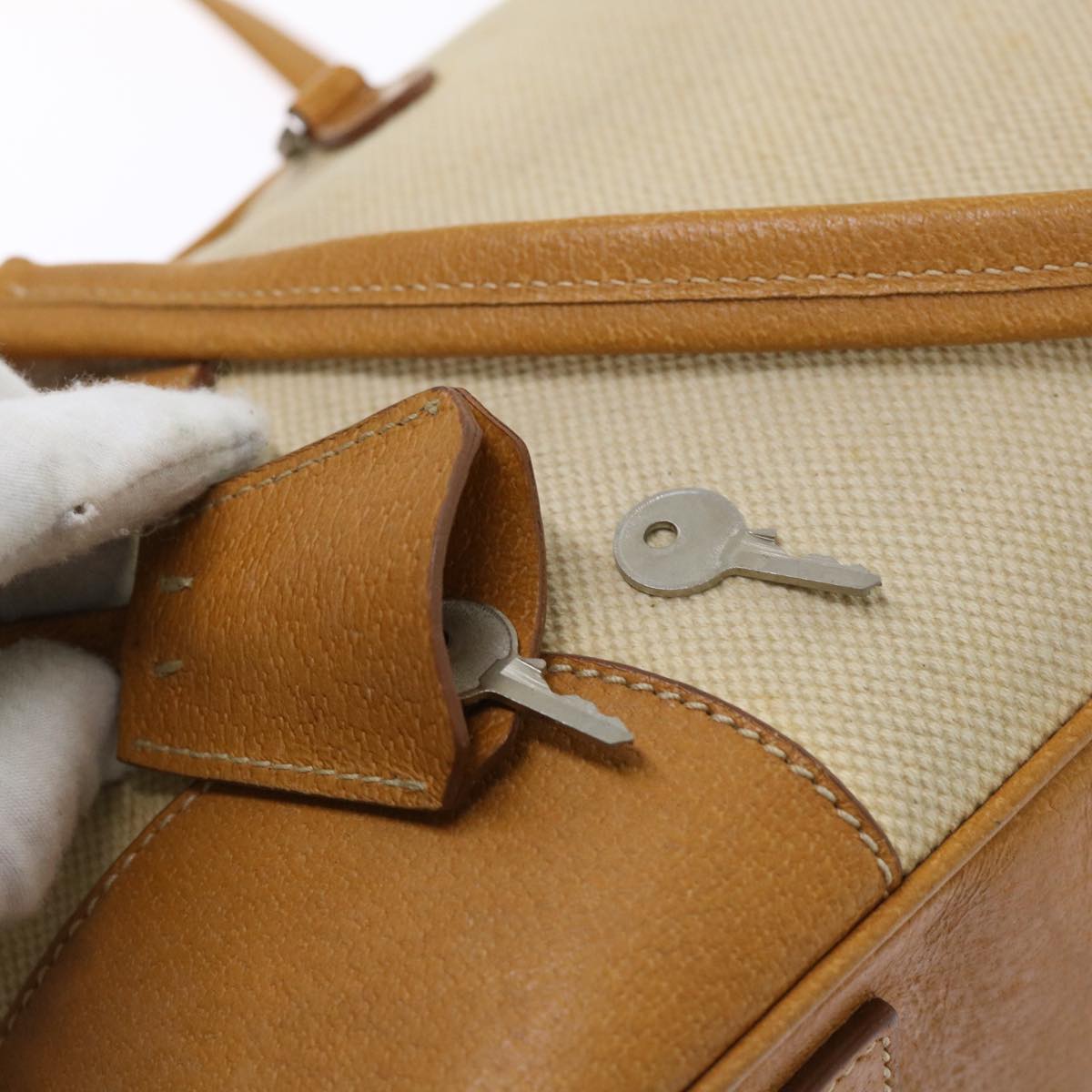 PRADA Hand Bag Canvas Leather Beige Orange Auth 51017