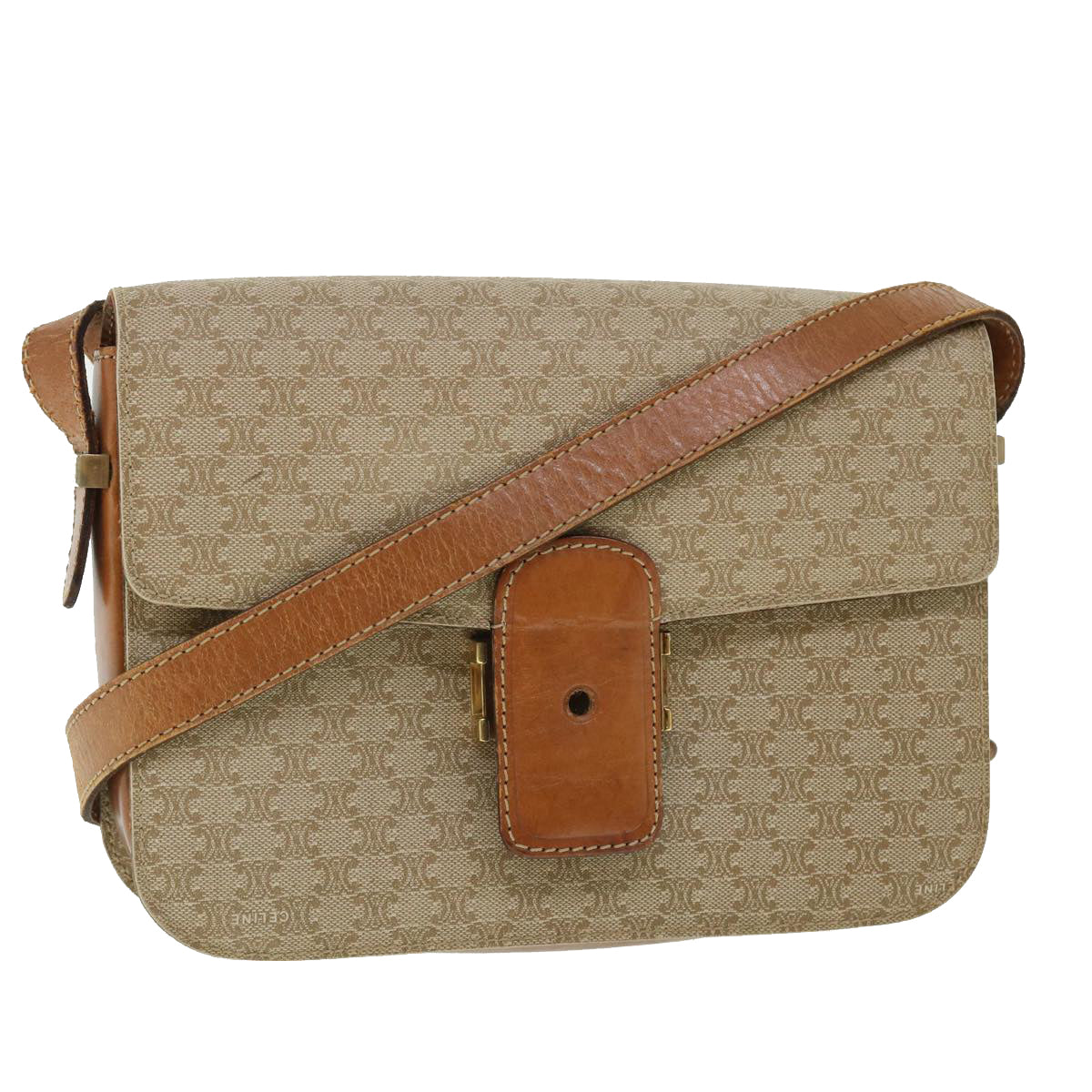 CELINE Macadam Canvas Shoulder Bag Canvas Leather Beige Brown Auth 51028