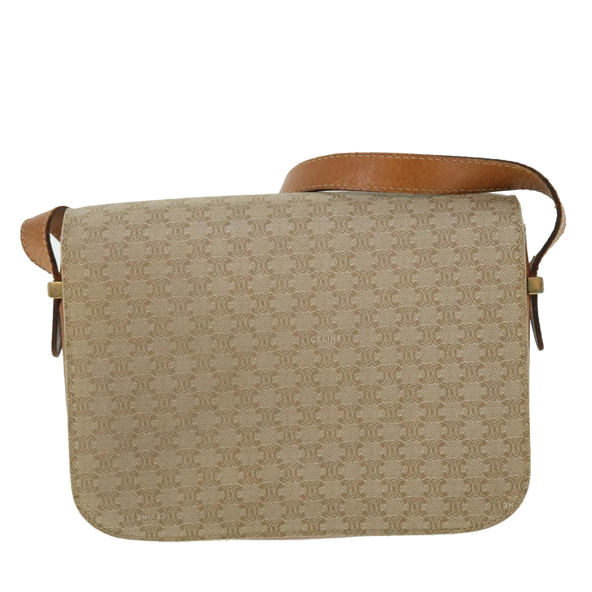 CELINE Macadam Canvas Shoulder Bag Canvas Leather Beige Brown Auth 51028 - 0