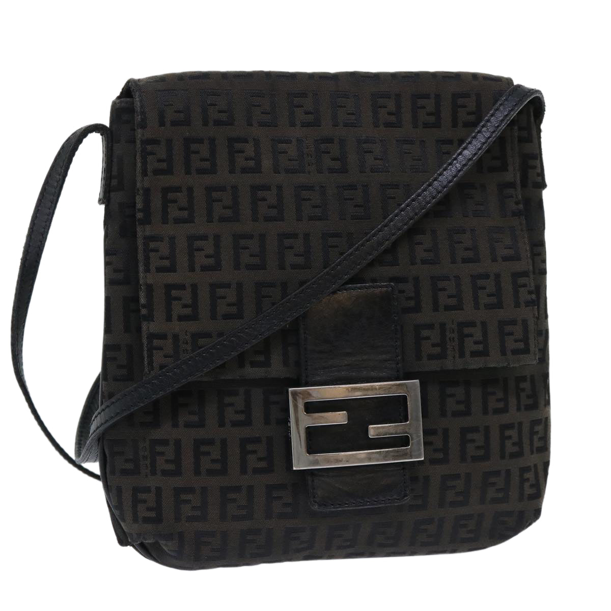 FENDI Zucchino Canvas Mamma Baguette Shoulder Bag Black Auth 51040