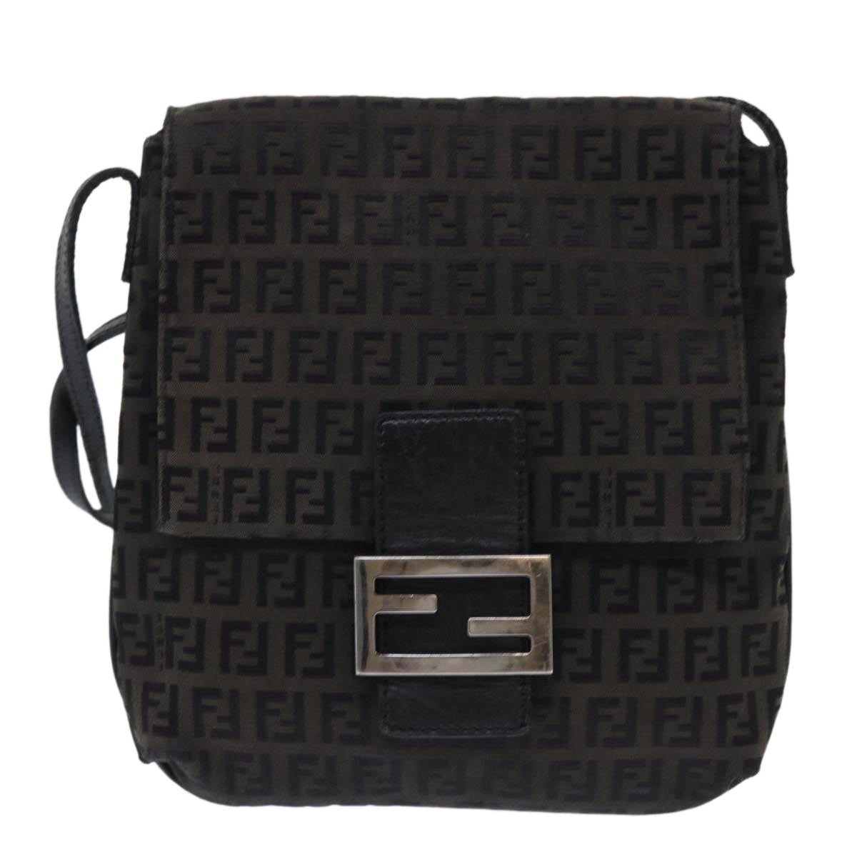 FENDI Zucchino Canvas Mamma Baguette Shoulder Bag Black Auth 51040