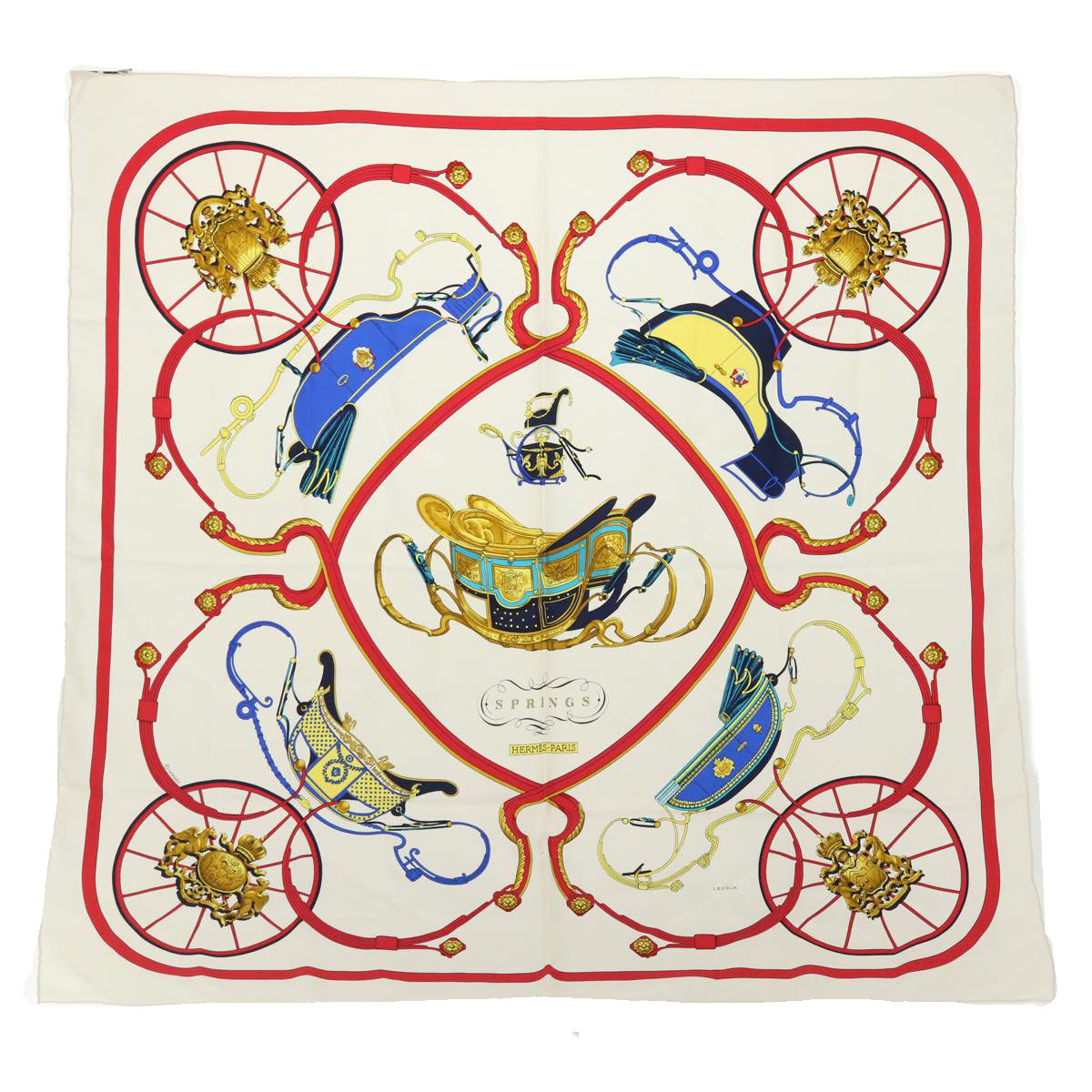 HERMES Carre 90 SPRINGS Scarf Silk White Blue Red Auth 51073