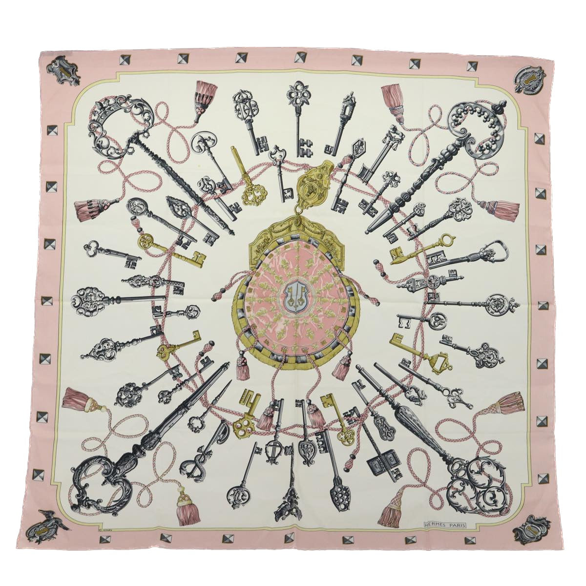HERMES Carre 90 LES CLES Scarf Silk Pink White Auth 51074
