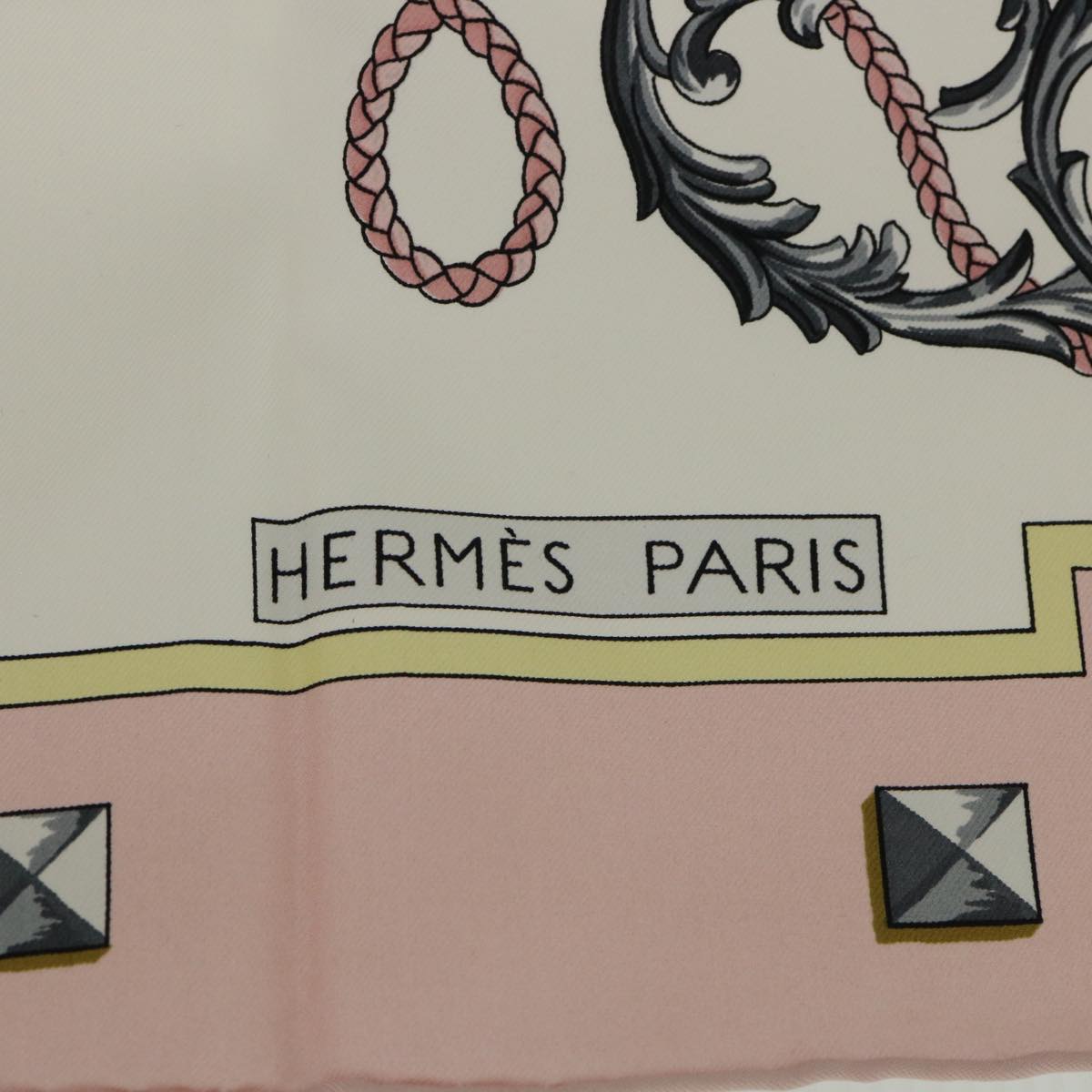 HERMES Carre 90 LES CLES Scarf Silk Pink White Auth 51074