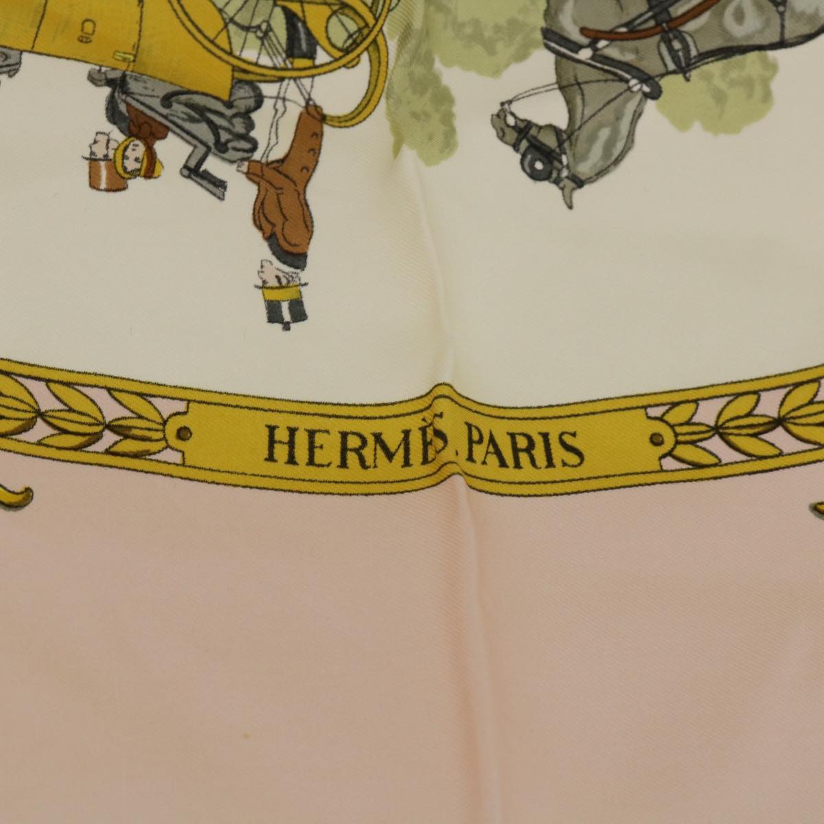 HERMES Carre 90 LA PROMENADE DE LONGCHAMPS Scarf Silk Pink White Auth 51095