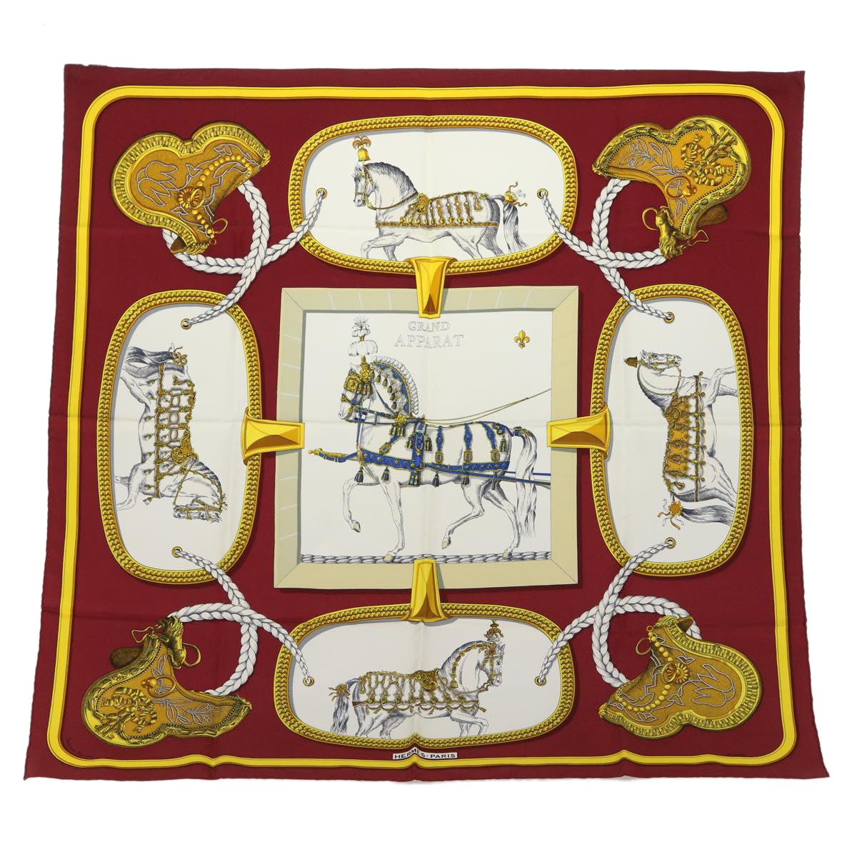 HERMES Carre 90 GRAND APPARAT Scarf Silk White Wine Red Auth 51103