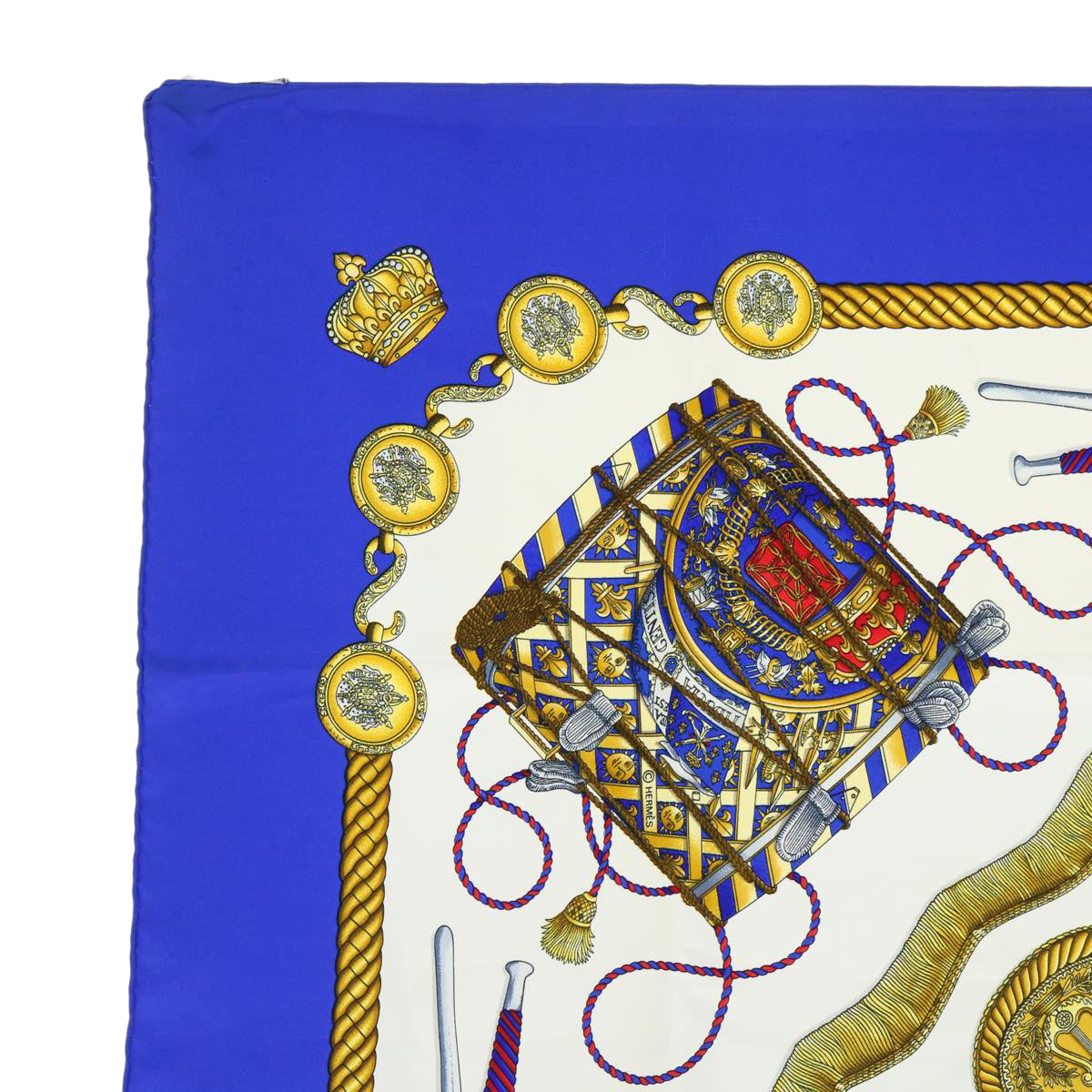 HERMES Carre 90 LES TAMBOURS Scarf Silk White Blue Red Auth 51104 - 0